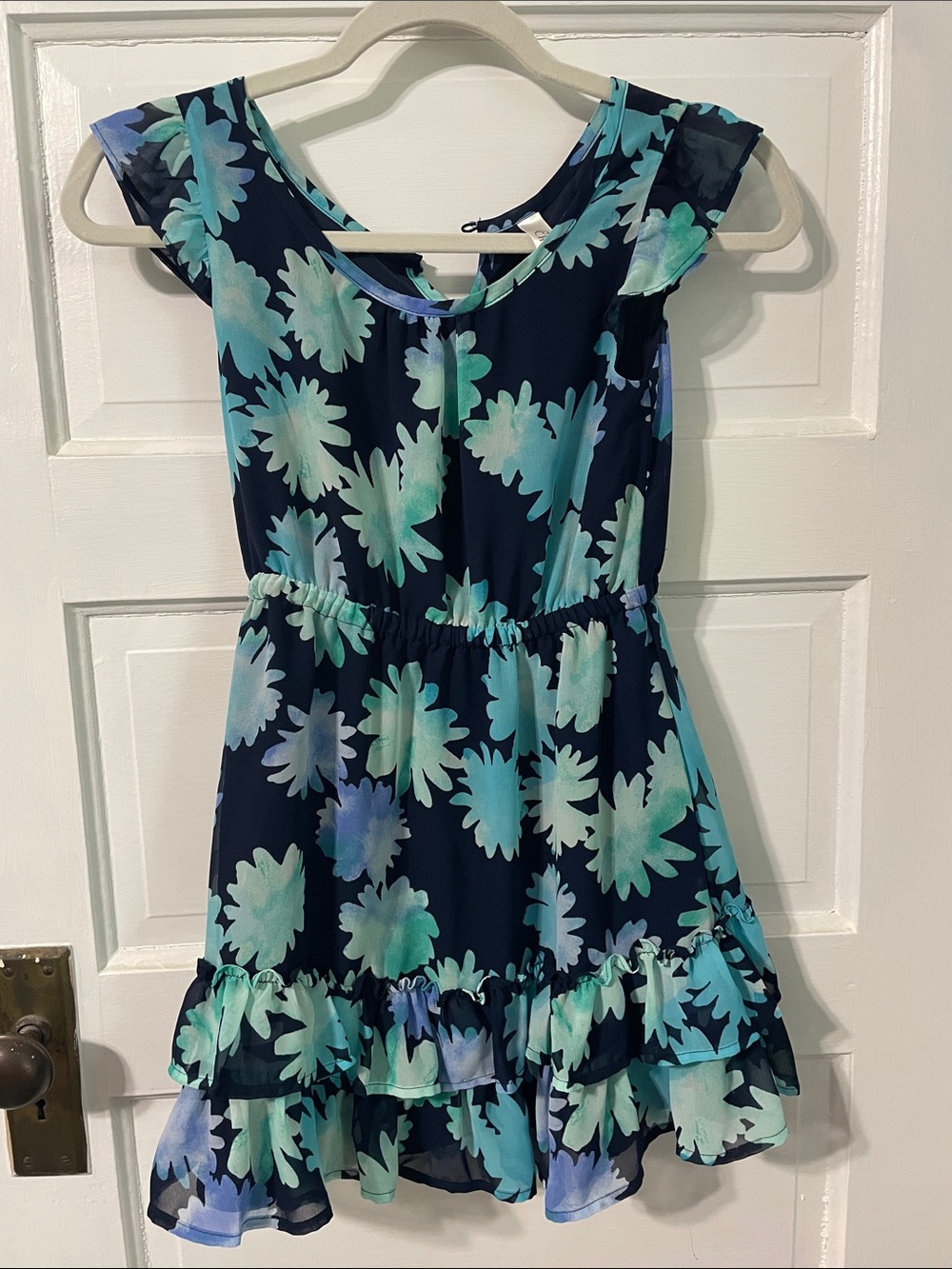 Cherokee Navy Floral Ruffle Hem Dress with Aqua Accents